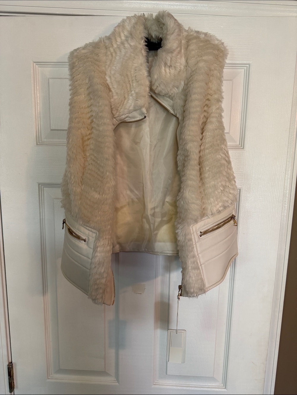 Cream Faux Fur Teddy Jacket with Quilted Trim and Gold Zippers